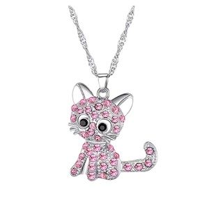 Silver Kitty Cat Pendant Charm Necklace with Pink Rhinestones